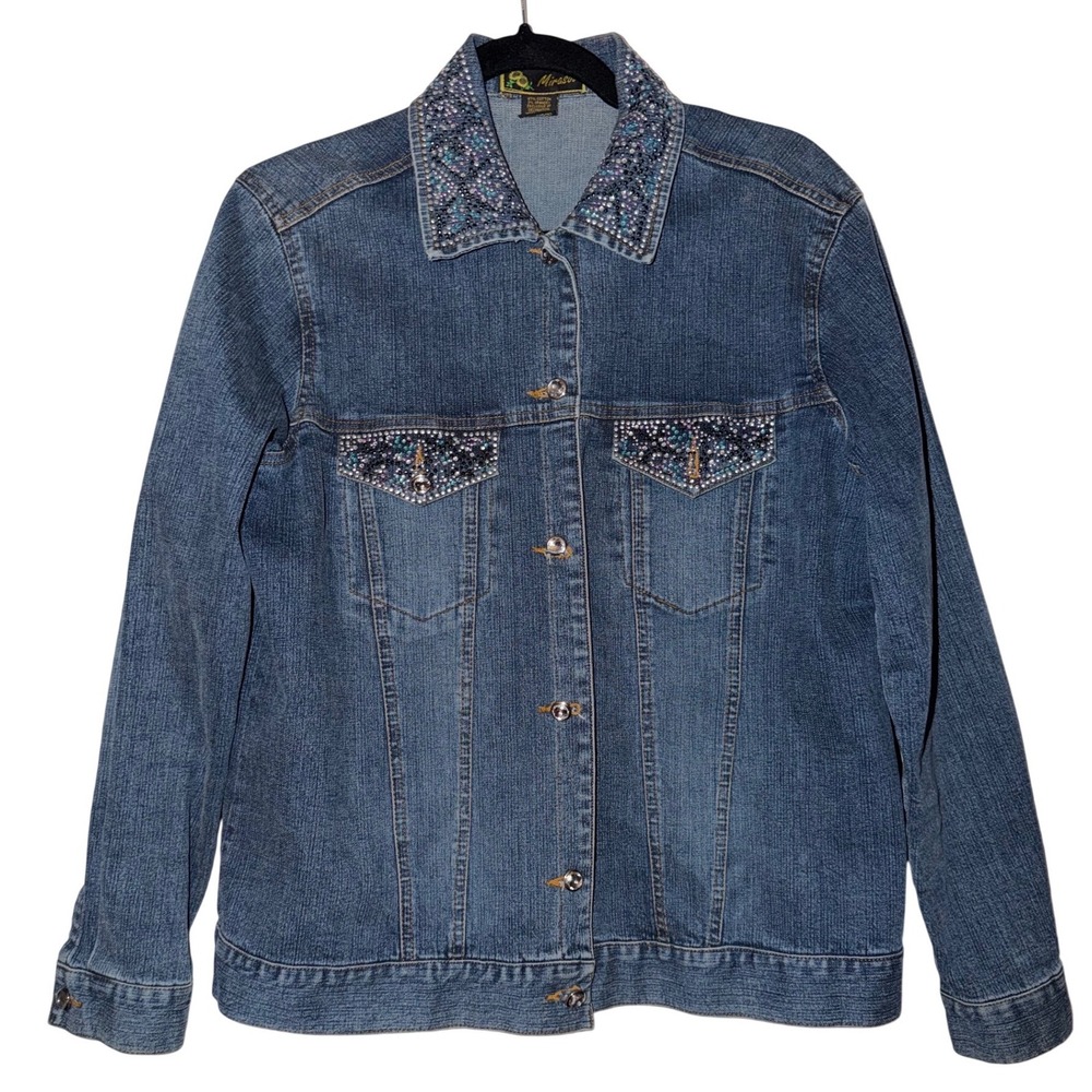 Mirasol Embellished Denim Jacket Blue Rhinestone Flowers Collared Button up M‎